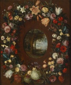 Blumenkranz Um Ein Medaillon Mit Einer Flusslandschaft by Jan Brughel