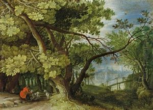 Waldlandschaft Mit Jager, Hunden Und Einem Durchblick Auf Eine Stadt Am Wasser by Jan Brughel