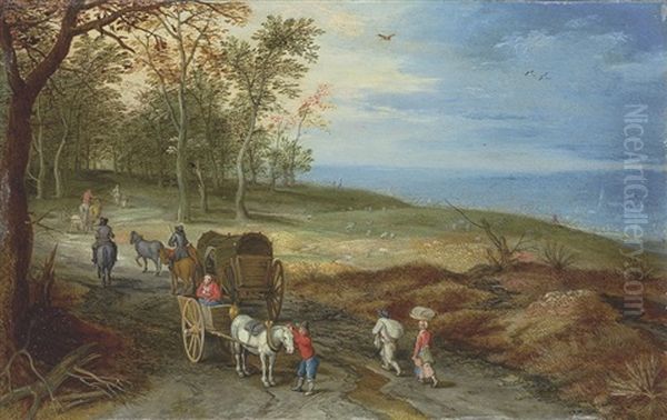 A Wooded Landscape With Peasants And Horse Carriages On A Path - view 1