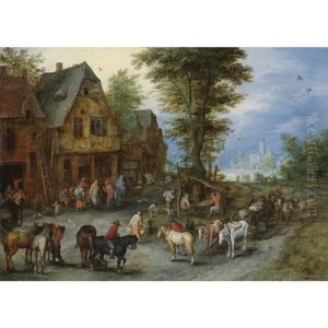 A Village Landscape With Horses, Carts And Figures Before Cottages by Jan Brughel