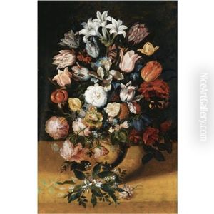 Still Life Of Parrot Tulips, Morning Glory, Roses, Peonies, Lilies, Snowdrops And Other Flowers In A Stone Vase, Together With A Butterfly by Jan Brughel