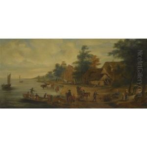 A Village Landscape With Figures Passing Along A River Bank