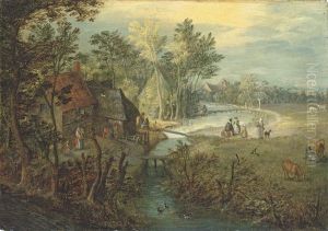 A River Landscape With Cottages, Figures And Cattle On A Bank by Jan Brughel