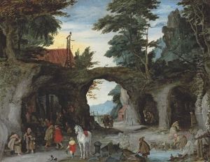 A Mountainous Landscape With Pilgrims Visiting A Shrine In A Grotto At A Hermitage
