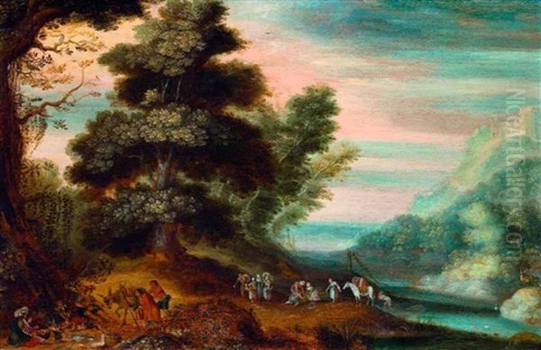 Lagerndes Gesinde Vor Weiter Baumlandschaft Und Fischern Am Fluss - view 1