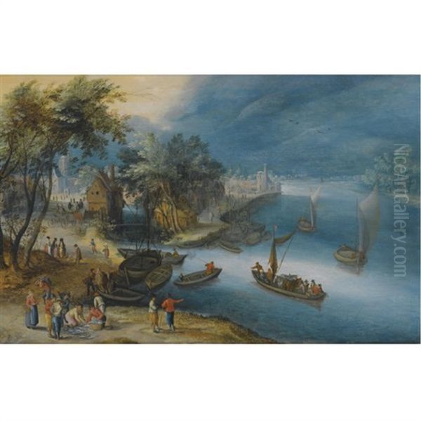 A Fluvial Landscape With Fishermen Unloading Their Catch - view 1
