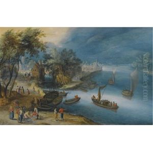 A Fluvial Landscape With Fishermen Unloading Their Catch by Jan Brughel