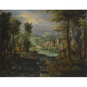 A River Landscape With Figures Bathing And A Village Beyond by Jan Brughel