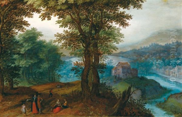 Bewaldete Landschaft Mit Einem Flusschen Und Wanderern - view 1