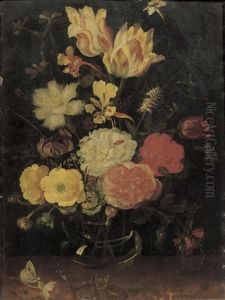 Tulips, Roses, Violets And Other Flowers In A Glass Vase On A Wooden Ledge by Jan Brughel