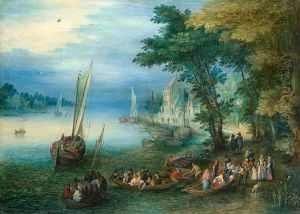 A River Landscape With Figures Disembarking From A Ferry
