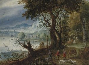 A Wooded River Landscape With A Hunting Party On A Track, Shipping And Villages Beyond by Jan Brughel