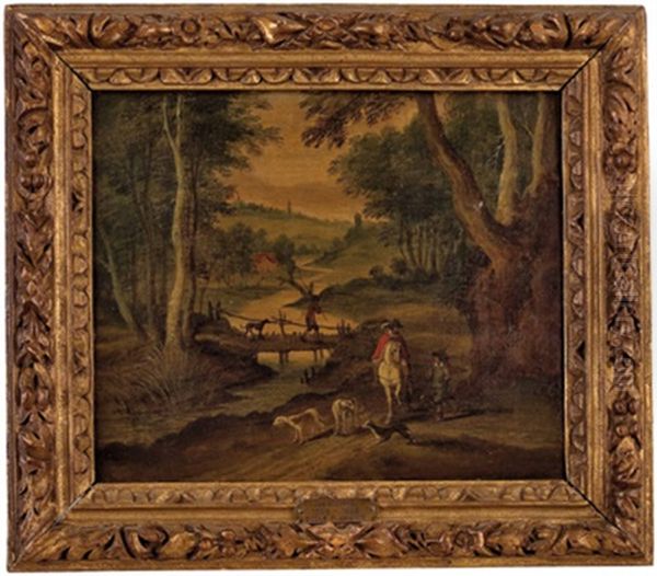 Vornehmer Reiter Und Wanderer In Bachlandschaft - view 1