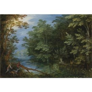 A Wooded River Landscape With Sportsmen by Jan Brughel