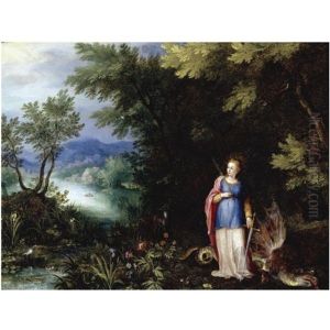 Saint Margaret And The Dragon In An Extensive River Landscape by Jan Brughel