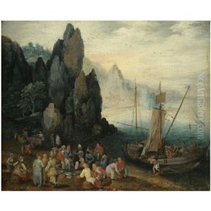 A Rocky Coastal Landscape With Fishermen Unloading Their Catch, Craggy Mountains Beyond by Jan Brughel