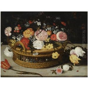 Still Life Of Roses, Tulips, Chrysanthemums, Anemones And Other Flowers, All In A Basket On Stone Ledge, Together With A Lady-bird And A Tiny Beetle by Jan Brughel