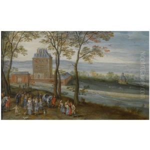 An Extensive Landscape With A View Of The Castle Of Mariemont, A Procession With The Archduke Albrecht, His Wife Isabella And Other Figures In The Foreground by Jan Brughel