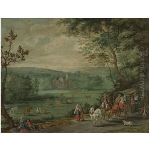 Wooded Landscape With Travellers In A Horse And Cart On A Path, A Chateau Beyond by Jan Brughel