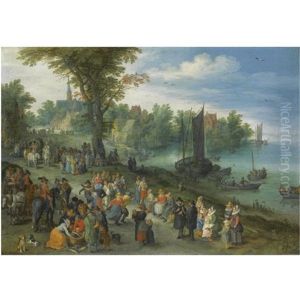 The Edge Of A Village With Figures Dancing On The Bank Of A River And A Fish-seller And A Self Portrait Of The Artist In The Foreground