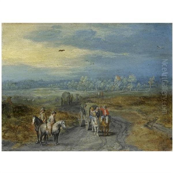 Travellers On A Country Road With A Village Beyond - view 1