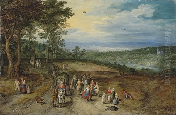 An Extensive Wooded Landscape With Travellers On A Track And Peasants Dancing In The Foreground - view 1