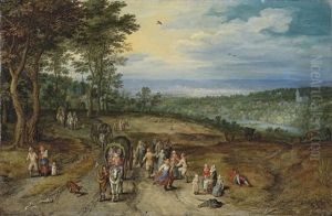 An Extensive Wooded Landscape With Travellers On A Track And Peasants Dancing In The Foreground by Jan Brughel