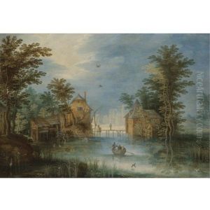 A River Landscape With Figures In A Rowing Boat Before A Village