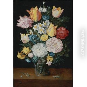 Still Life Of Tulips, Roses, Narcissus, Forget-me-nots, A Carnation And Other Flowers In A Glass Vase, Resting On A Table With A Sprig Of Rosemary And An Insect