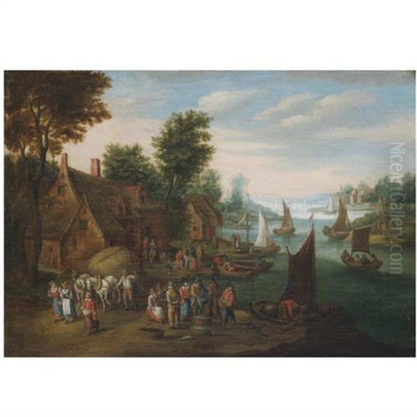 A River Landscape With Fisherman Unloading Their Catch Near A Village - view 1