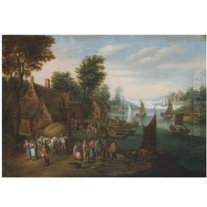 A River Landscape With Fisherman Unloading Their Catch Near A Village by Jan Brughel