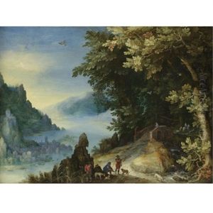 A Mountainous River Landscape With Travellers On A Hill Overlooking A Distant Town by Jan Brughel