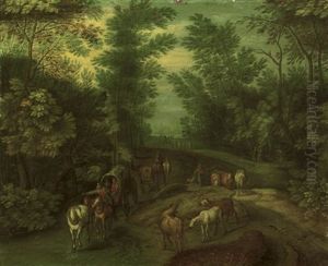 A Wooded Landscape With Travellers In A Horse-drawn Carriage And A Cowherd With His Cattle On A Track