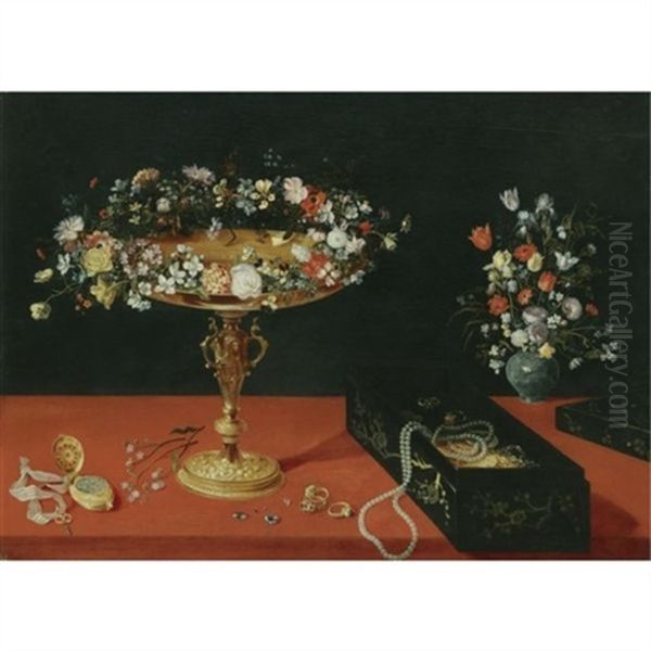 Still Life With A Garland Of Flowers On A Gold Tazza, A Box Of Jewellery, A Gold Pocket Watch And A Vase Of Flowers, All Arranged On A Table Draped In Red - view 1