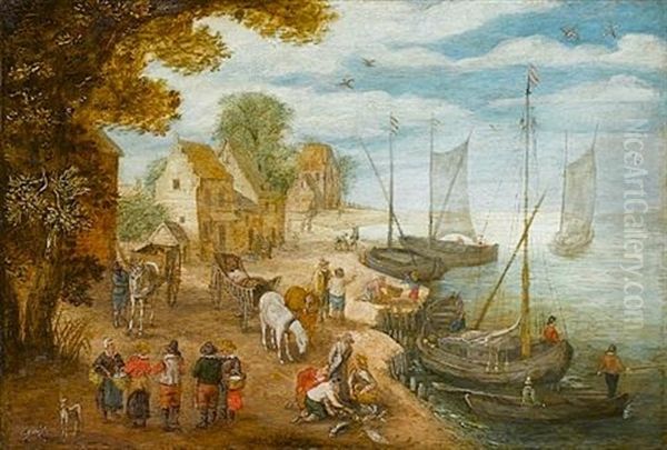 A Riverside Village With Fishermen And Their Catch And Figures Loading Barges - view 1