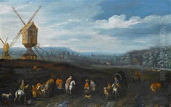 A Wooded Landscape With Travellers On Horseback On A Country Path, Windmills In The Distance - view 1
