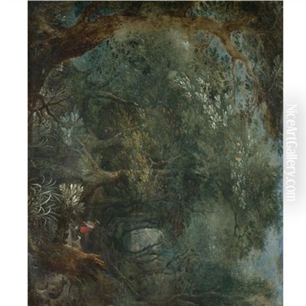 A Wooded Landscape With Two Huntsmen And Their Hounds - view 1
