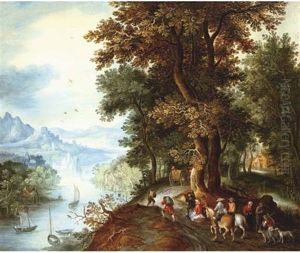 An Extensive Mountainous River Landscape With Horsemen And Figures Returning From The Falconry, Villages In The Valley Beyond