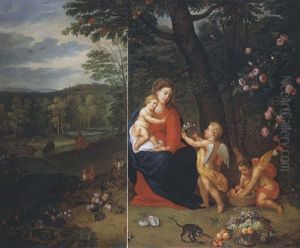 Hl. Familie Bei Der Rast Auf Der Flucht Nach Agypten (collab. W/henrik Van Balen) by Jan Brughel