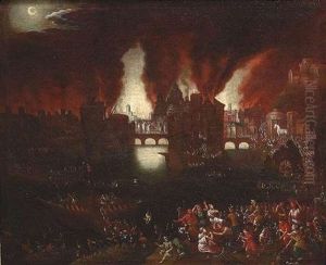 Das Brennende Troja. Im Vordergrund Fluchtet Aeneas Mit Seinem Vater Anchises by Jan Brughel