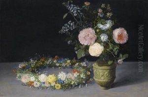 A Still Life Of Roses And Sprays Of Lilac In An Ornamental Stoneware Vase, With A Wreath Of Roses, Forget-me-nots, Jasmine, Cyclamen And Other Flowers Resting Nearby, All On A Table-top by Jan Brughel