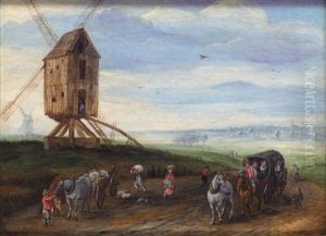 A Landscape With Waggoners On A Road Beside A Windmill