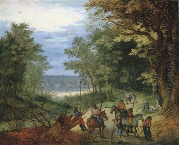 A Wooded Landscape With Soldiers Resting On A Path By A Stream - view 1