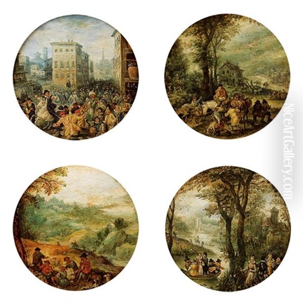 Die Vier Jahreszeiten (romischer Karneval, Belebte Landstrasse Mit Wirtshaus, Die Ernte, Fluslandschaft Mit Vornehmer Gesellschaft Im Boot) - view 1