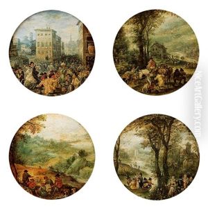 Die Vier Jahreszeiten (romischer Karneval, Belebte Landstrasse Mit Wirtshaus, Die Ernte, Fluslandschaft Mit Vornehmer Gesellschaft Im Boot) by Jan Brughel