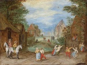 A Village Street With Peasants Dancing And Horsemen Looking On by Jan Brughel