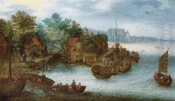 A Riverside Village With Figures In Barges, A View To A Church Beyond - view 1