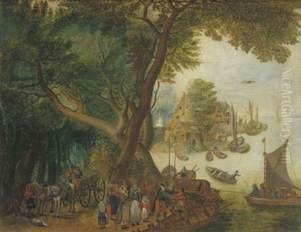 A River Landscape With Elegant Figures, A Village And Sailing Boats In The Distance - view 1