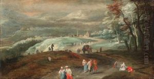 Mountainous Landscape With Figures And Wagoners On A Track And More Figures Dancing Beyond, A Village In The Distance