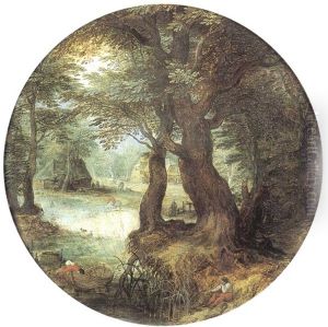 Pecheur Au Bord D'une Riviere Dans Un Sous Bois by Jan Brughel